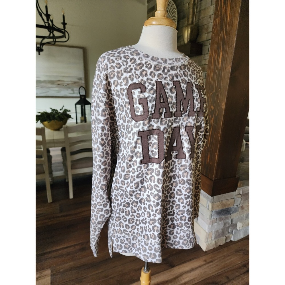 NWOT Boutique Leopard Print Game‎ Day Long Sleeve Ribbed Sweatshirt Top XLarge - Picture 2 of 9